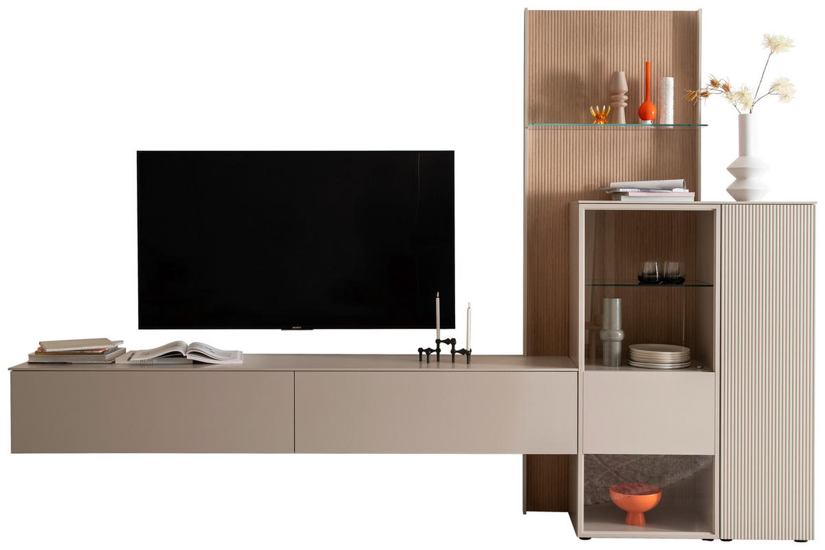WOHNWAND  in Eichefarben, Kaschmir  340/234/45 cm  - Kaschmir/Eichefarben, Design, Glas/Holz (340/234/45cm) - Schöner Wohnen