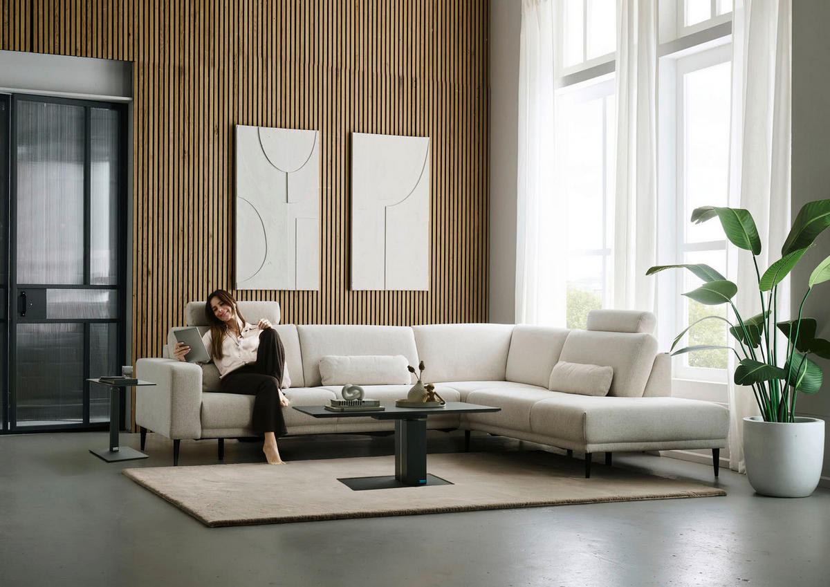 ECKSOFA Dieter Knoll Beige Chenille  - Beige/Schwarz, Design, Textil/Metall (303/254cm) - Dieter Knoll