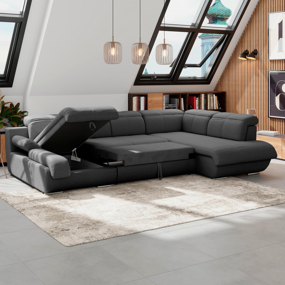 WOHNLANDSCHAFT in Mikrofaser Anthrazit  - Chromfarben/Dunkelgrau, Modern, Textil/Metall (184/345/228cm) - MID.YOU