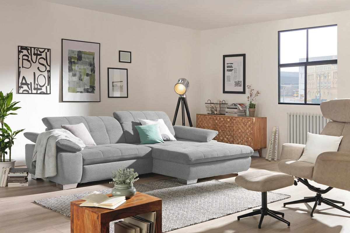 ECKSOFA in Mikrofaser Hellgrau  - Chromfarben/Hellgrau, Design, Textil/Metall (265/180cm) - Carryhome