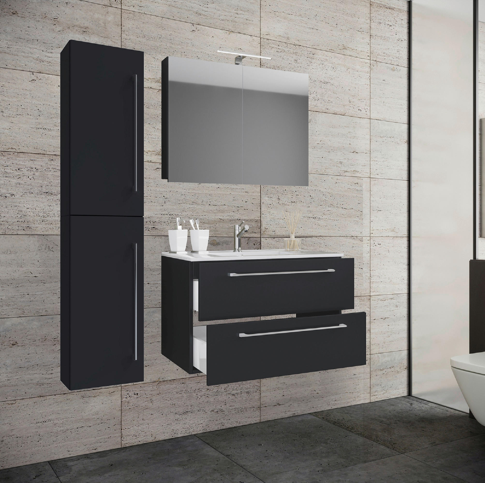 BADEZIMMER 4-teilig  in 113 cm  - Alufarben/Schwarz, MODERN, Keramik/Holzwerkstoff (113cm) - MID.YOU