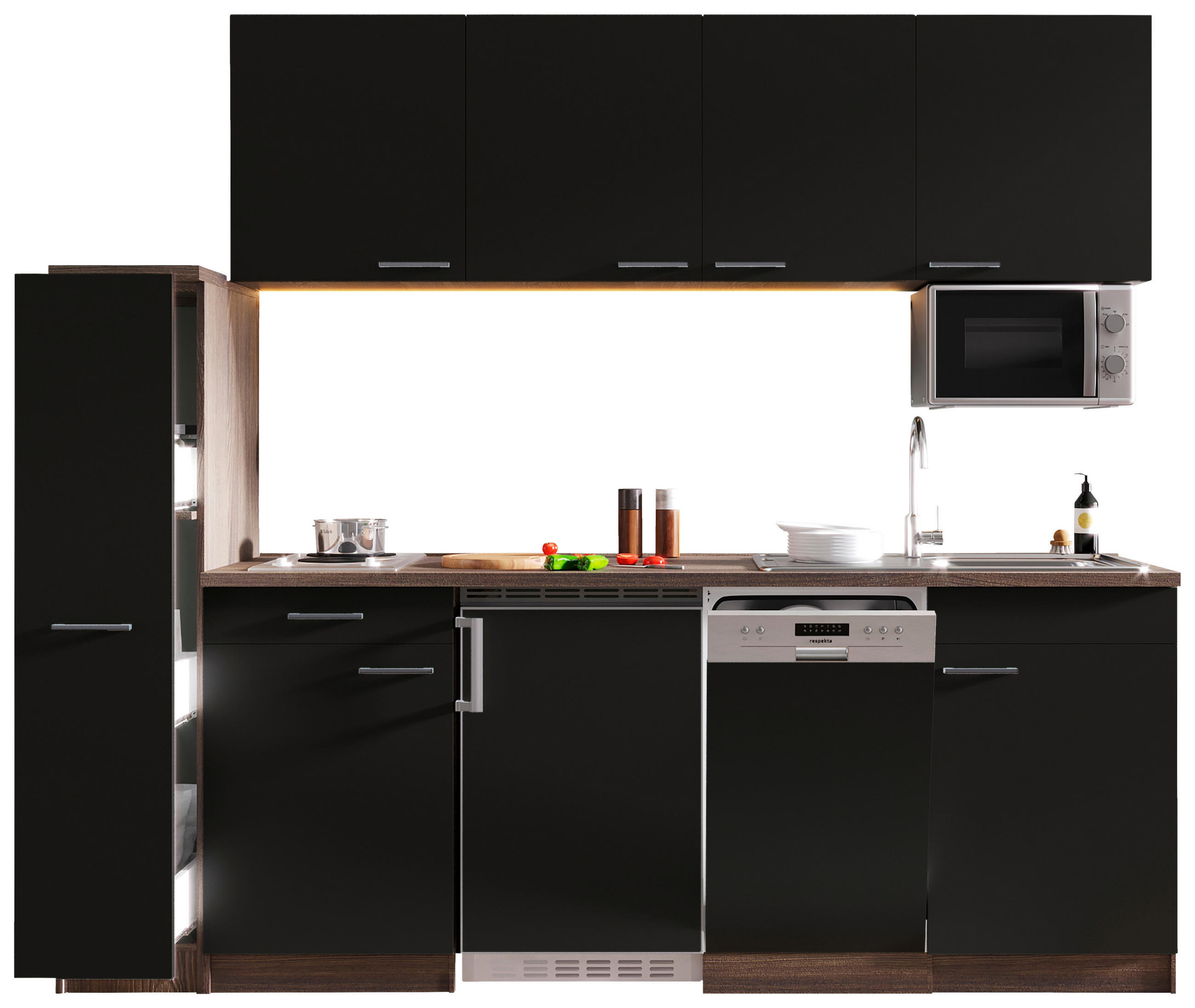 KÜCHENBLOCK 225 cm   in Schwarz  - Eichefarben/Alufarben, Basics, Holzwerkstoff/Kunststoff (225cm) - Respekta