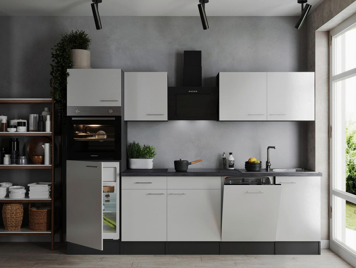 KÜCHENBLOCK 280 cm   in Grau, Weiß  - Silberfarben/Weiß, Design, Holzwerkstoff/Metall (280cm) - Respekta