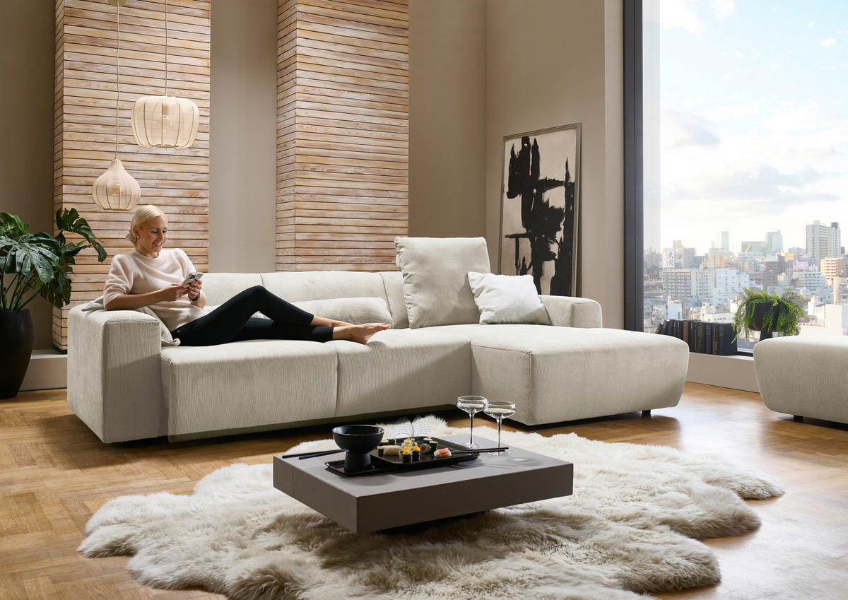 ECKSOFA Naturfarben Feincord  - Schwarz/Naturfarben, Design, Kunststoff/Textil (302/174cm) - Beldomo Style