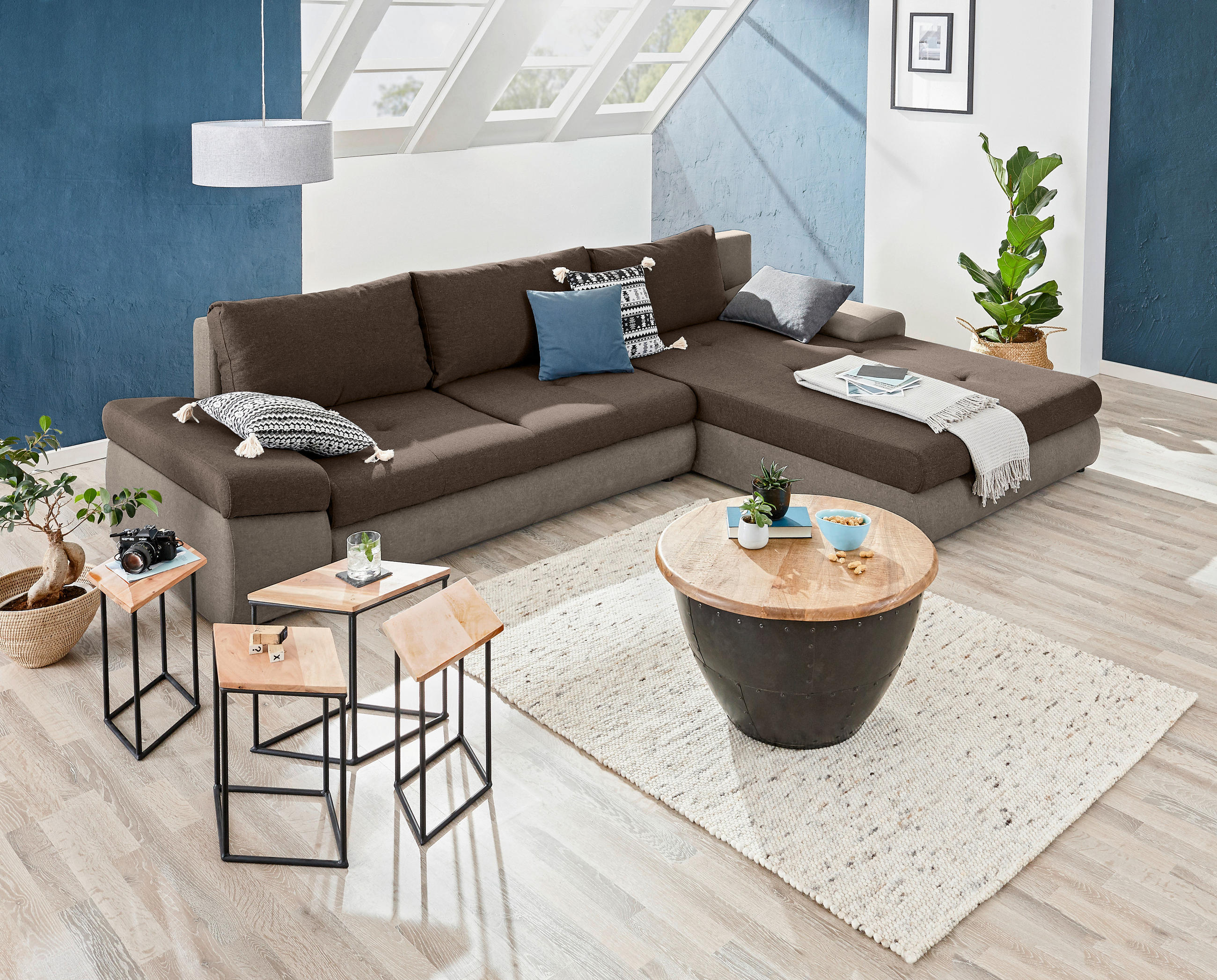 ECKSOFA in Webstoff Braun, Hellbraun  - Hellbraun/Schwarz, Design, Kunststoff/Textil (313/215cm) - MID.YOU