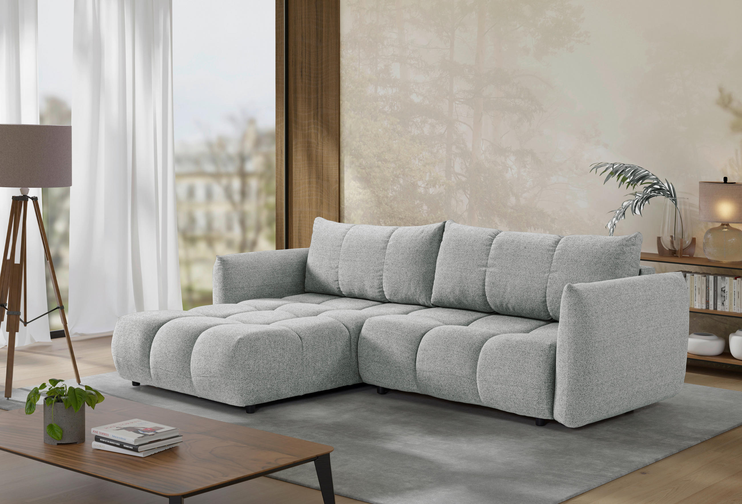 MID.YOU ROHOVÁ ROZKLÁDACÍ POHOVKA, plast, textil, kompozitní dřevo, šedobéžová