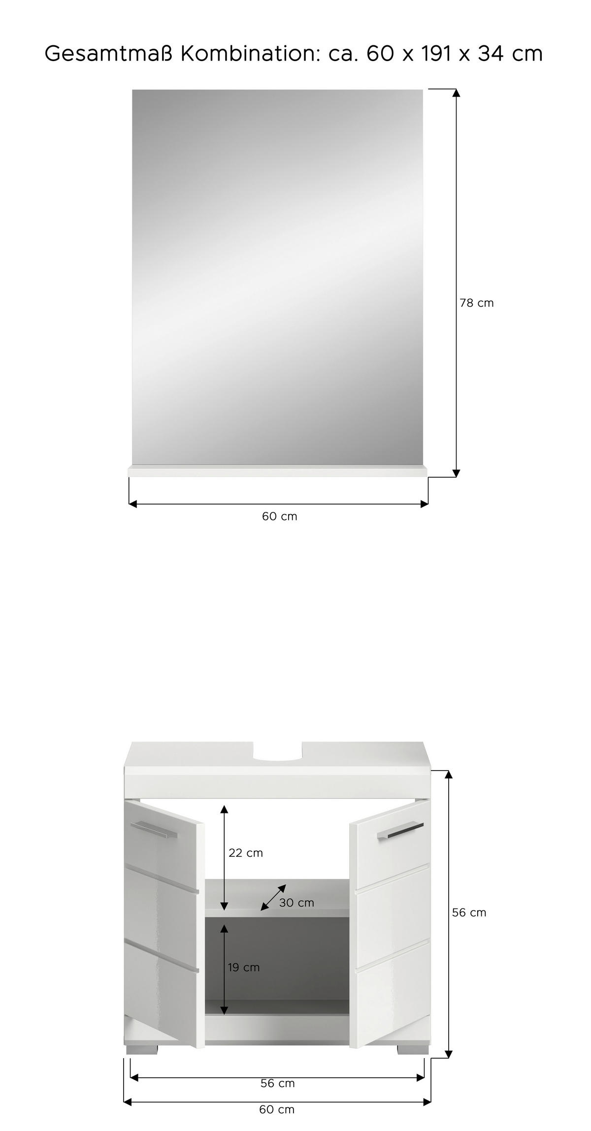 BADEZIMMER 2-teilig  in 60 cm  - Weiß Hochglanz/Silberfarben, MODERN, Glas/Holzwerkstoff (60cm) - MID.YOU