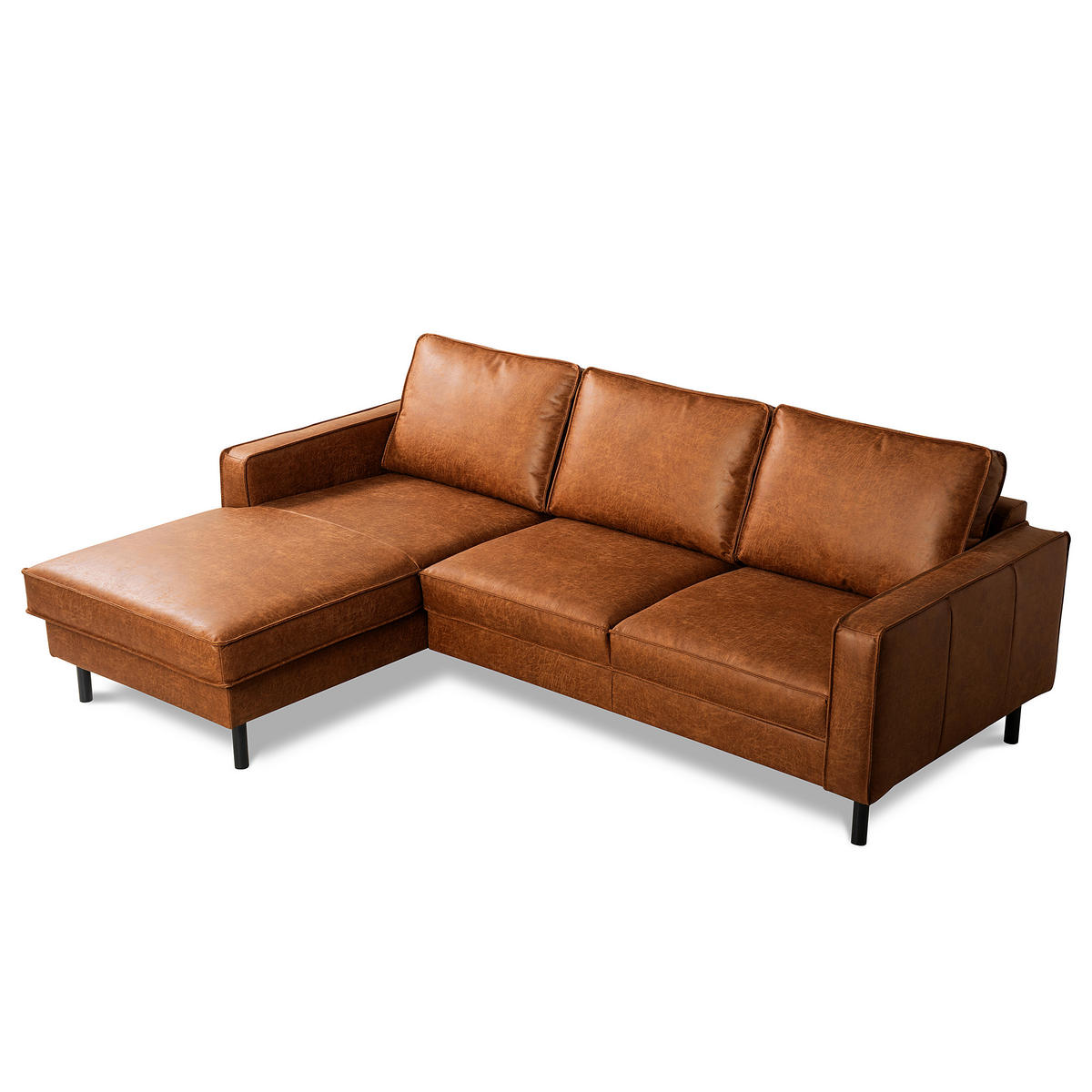 ECKSOFA Cognac Echtleder Lederlook Bettkasten, Schlaffunktion, Rücken echt  - Cognac/Schwarz, Design, Leder/Textil (166/238cm) - Livetastic