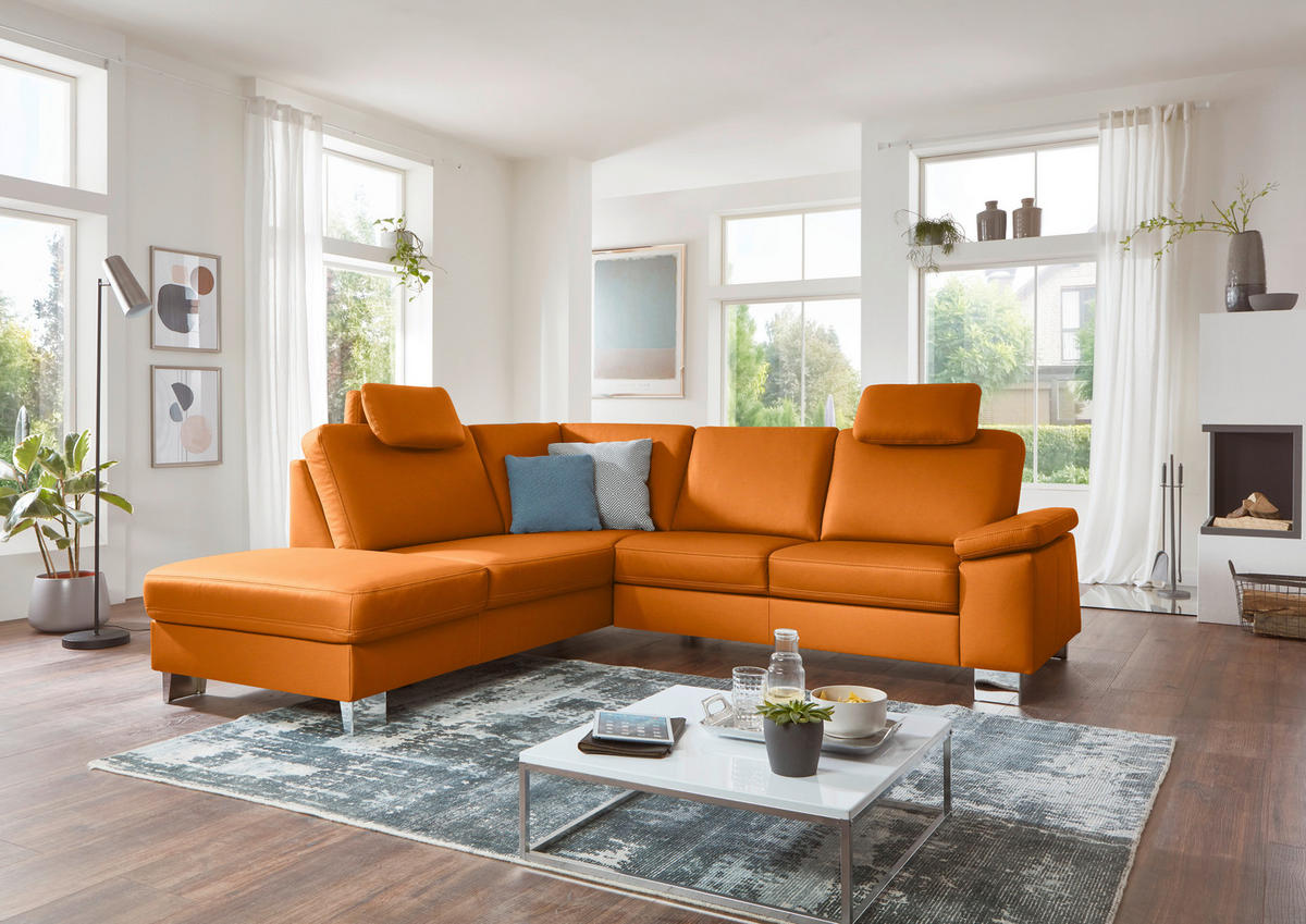 ECKSOFA  in Echtleder Orange  235/248 cm  - Alufarben/Orange, Design, Leder/Metall (235/248cm) - Beldomo Premium