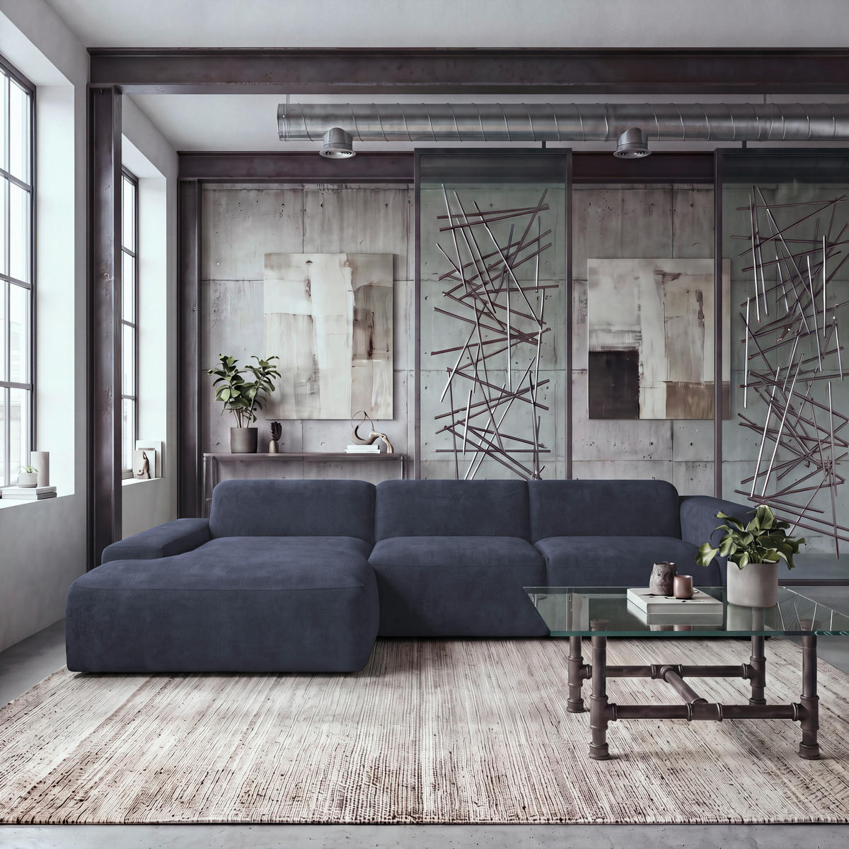 ECKSOFA HANNAH Blau Cord  - Blau/Schwarz, Design, Kunststoff/Textil (170/343cm) - MID.YOU