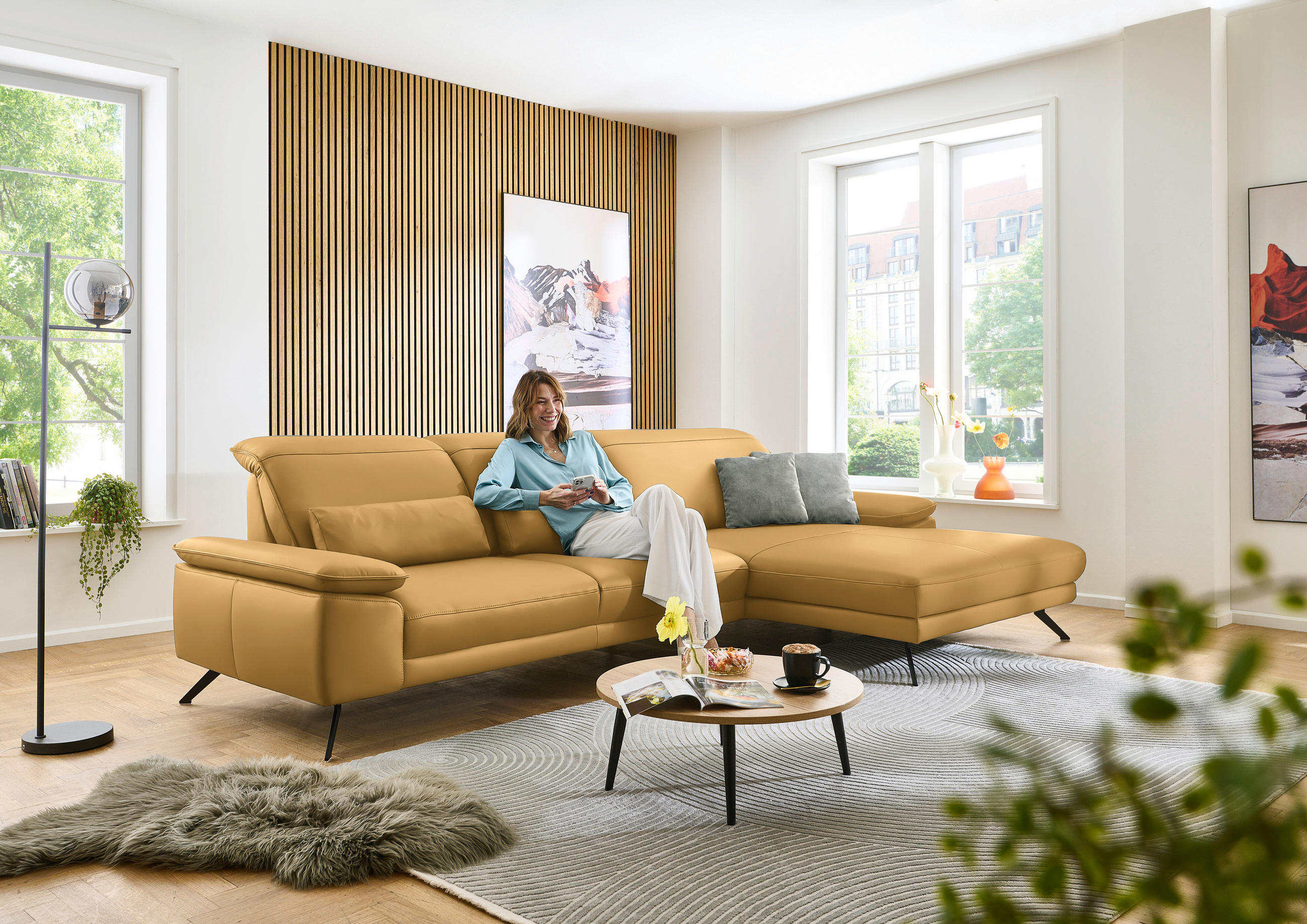 ECKSOFA in Echtleder Gelb  - Gelb/Schwarz, Design, Leder/Metall (332/193cm) - Dieter Knoll