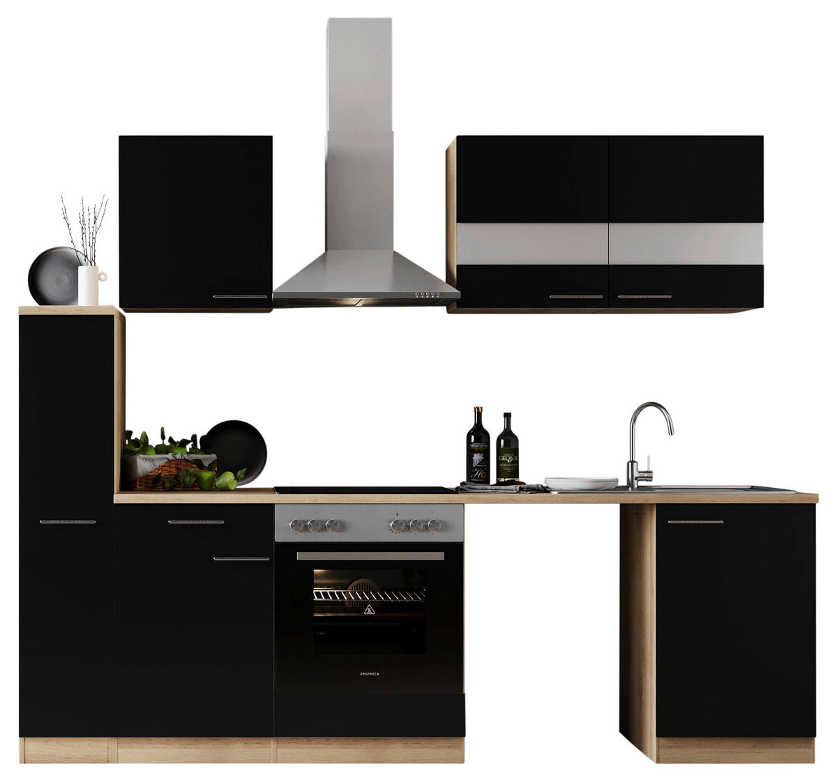 KÜCHENBLOCK 250 cm   in Schwarz  - Edelstahlfarben/Eichefarben, Basics, Glas/Holzwerkstoff (250cm) - Respekta