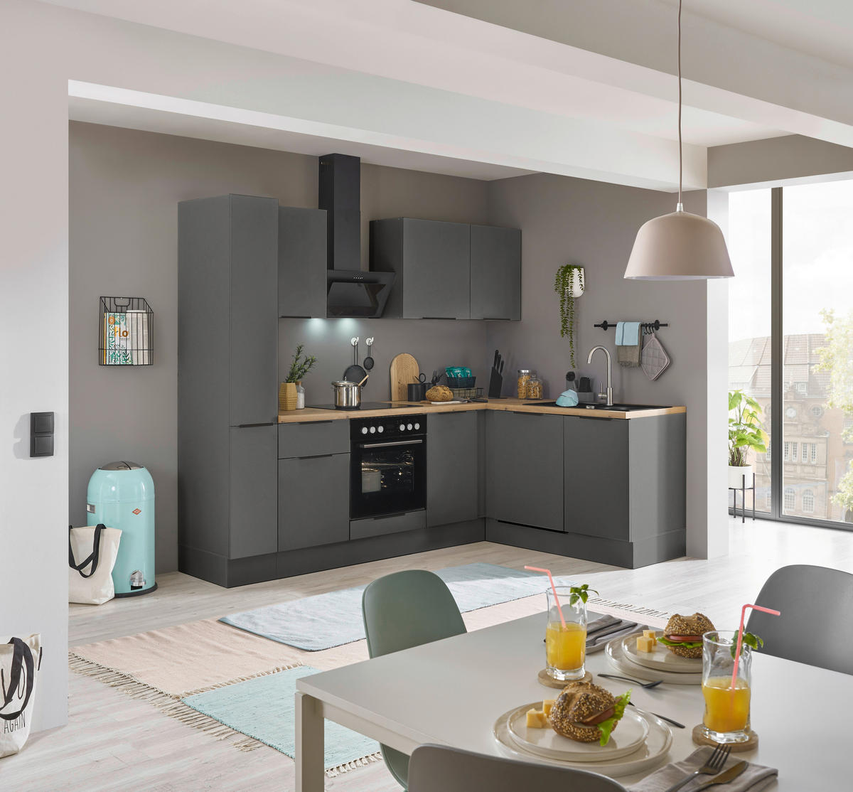 ECKKÜCHE 250/175 cm  in Graphitfarben  - Schwarz/Graphitfarben, Basics, Holzwerkstoff/Metall (250/175cm) - Carryhome