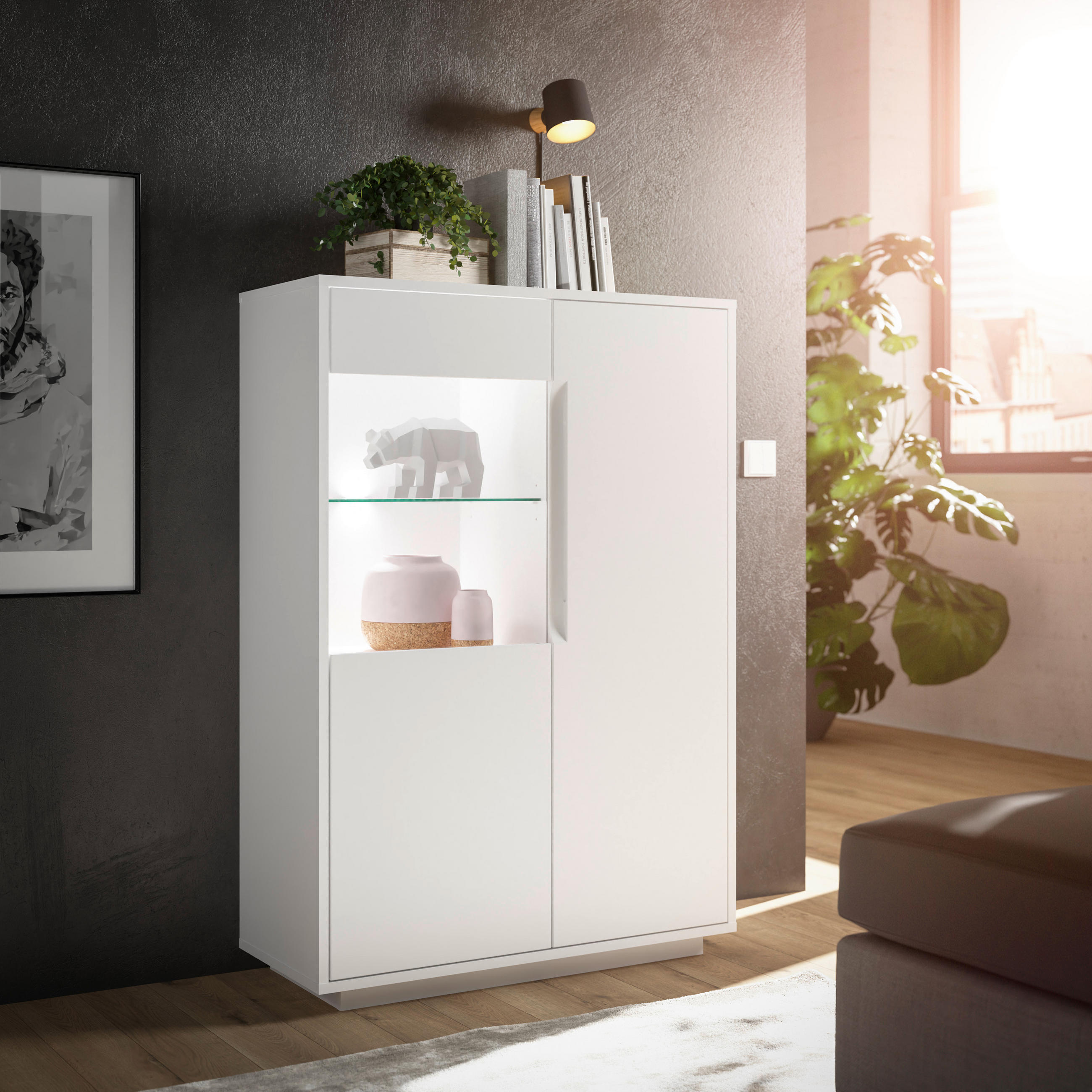FÉLMAGAS SZEKRÉNY 90/130/38 cm  - fehér, Modern, faalapú anyag/Üveg (90/130/38cm) - Carryhome