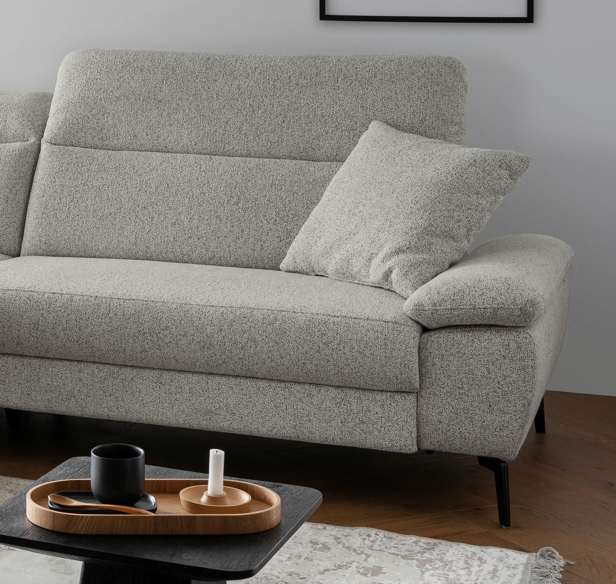 ECKSOFA CANCELLI Beige Struktur Zierkissen, Kopfteilverstellung  - Beige/Schwarz, KONVENTIONELL, Textil/Metall (178/300cm) - Livetastic