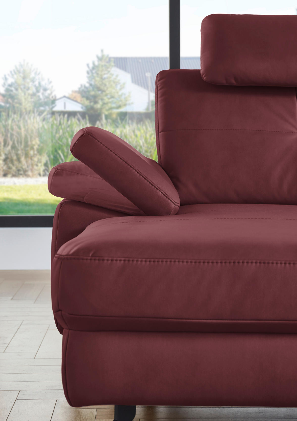 WOHNLANDSCHAFT in Lederlook, Mikrofaser Bordeaux  - Bordeaux/Schwarz, Design, Textil/Metall (179/343/220cm) - Beldomo System