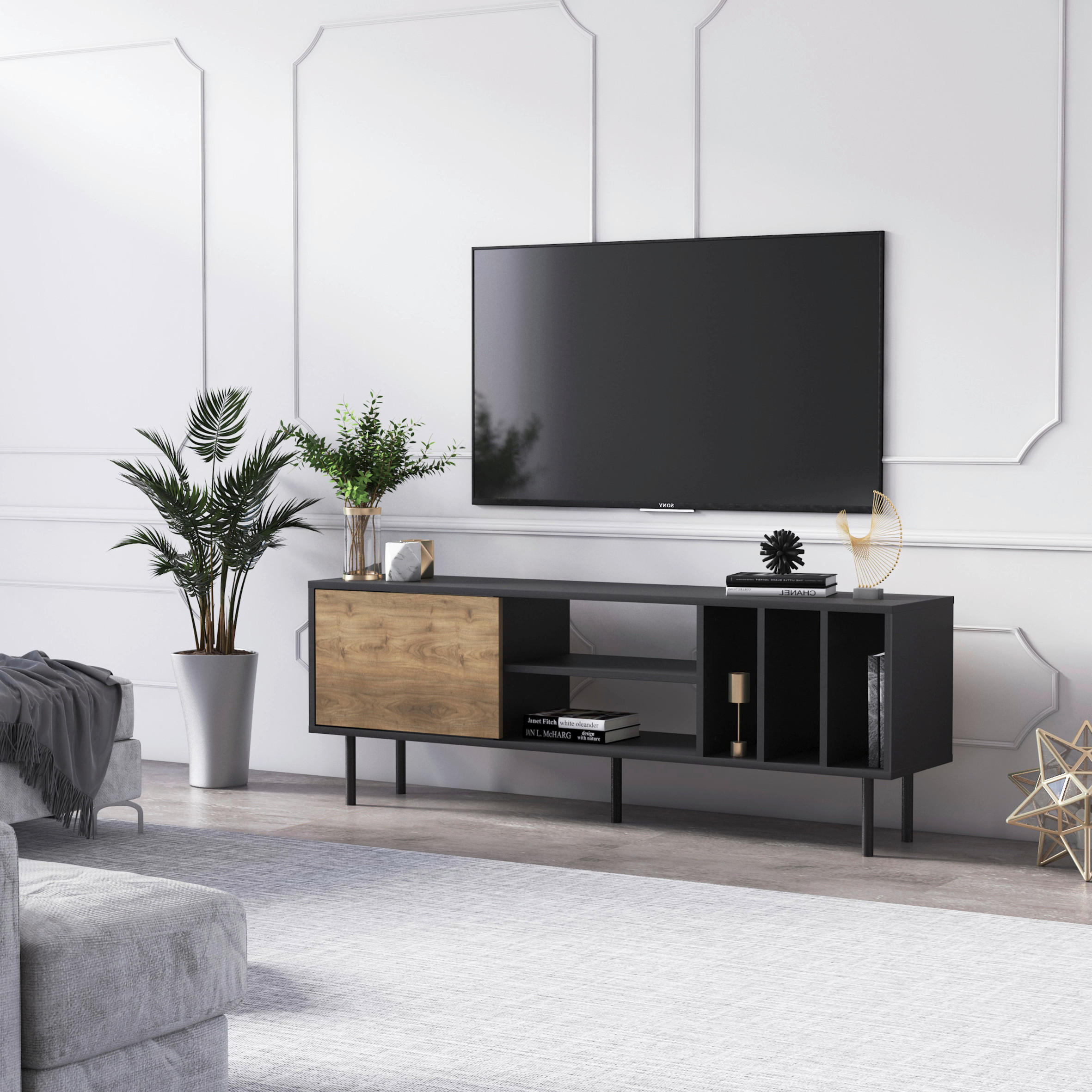 TV-BÄNK 160/57/35 cm  - valnötsfärgad/svart, Design, metall/trämaterial (160/57/35cm) - Livetastic