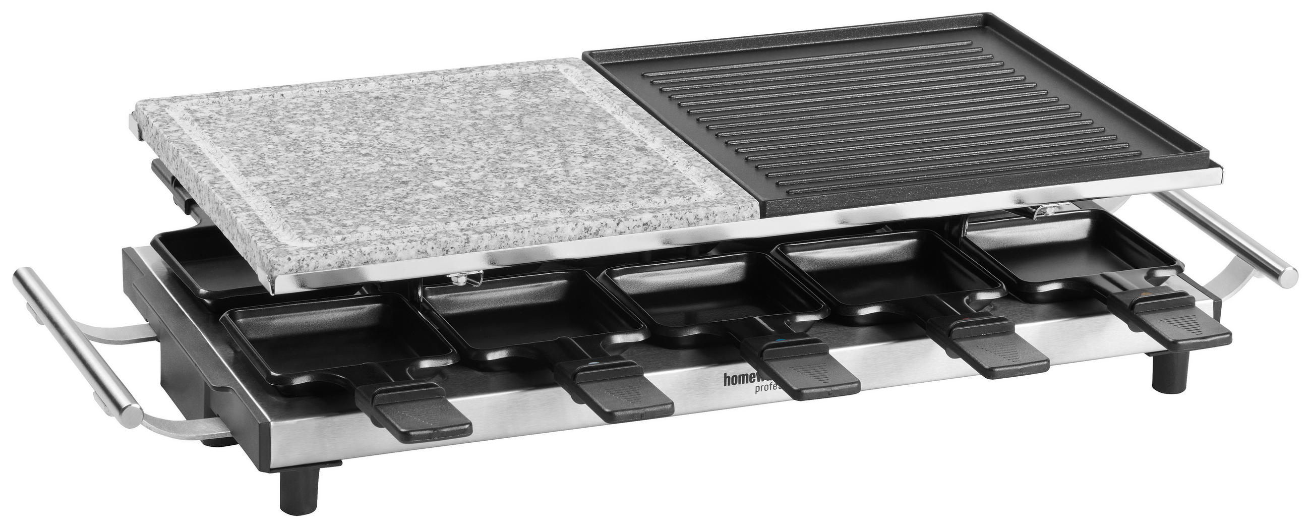 Thumbnail - Homeware Profession. Raclette-Grill, Schwarz, Edelstahl, Metall, Kunststoff, Stein, 24.2x13x62 cm, RoHS, Lfgb, CE, Tempe...