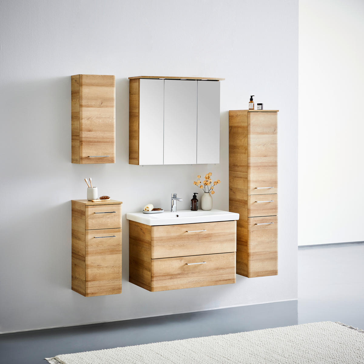 SKŘÍŇKA S UMYVADLEM, barvy dubu - bílá/barvy dubu, Konvenční, kompozitní dřevo/keramika (82cm) - Xora