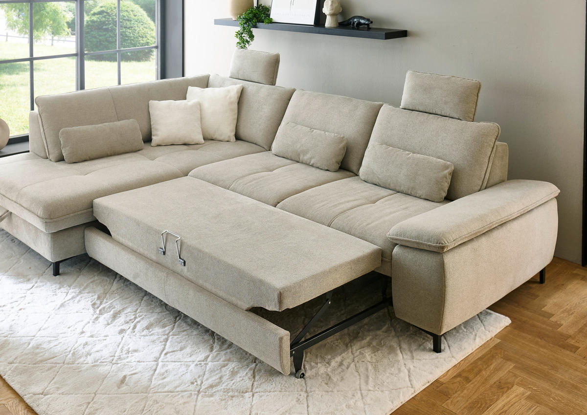 ECKSOFA  in Flachgewebe Sandfarben  214/308 cm  - Sandfarben/Schwarz, Design, Textil/Metall (214/308cm) - Beldomo Speed