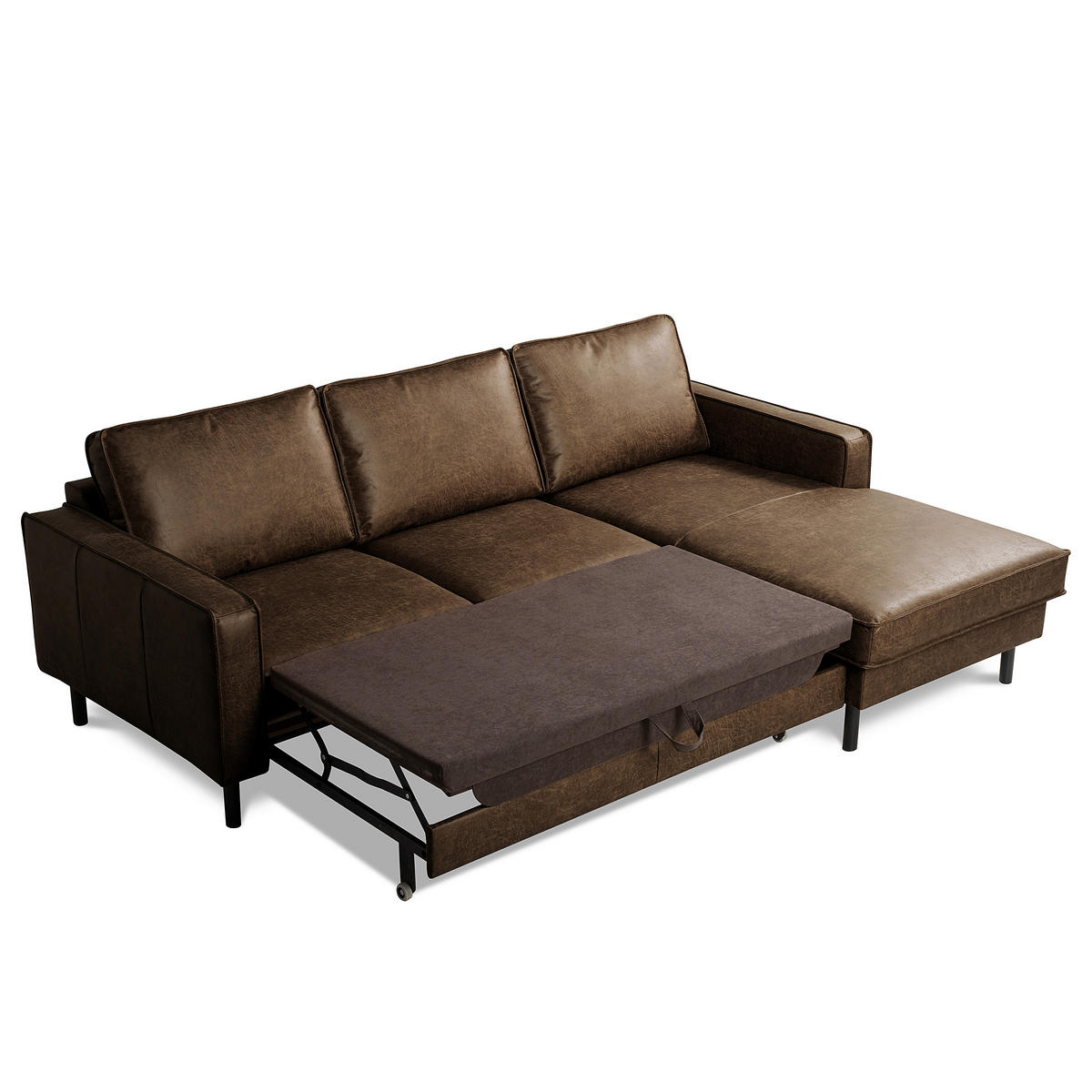 ECKSOFA Dunkelbraun Echtleder Lederlook Bettkasten, Schlaffunktion, Rücken echt  - Dunkelbraun/Schwarz, Design, Leder/Textil (166/238cm) - Livetastic