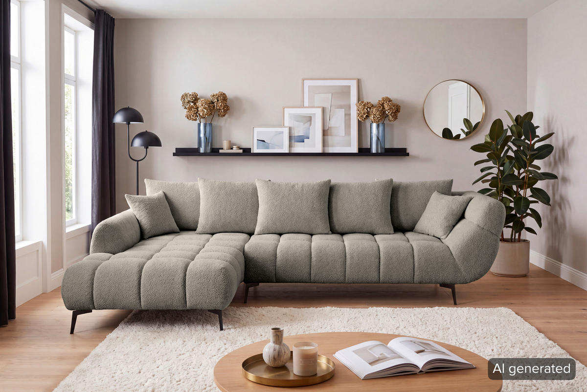ECKSOFA Graubraun Bouclé Zierkissen, Rückenkissen, Rücken echt  - Graubraun/Schwarz, MODERN, Textil/Metall (217/318cm) - Carryhome