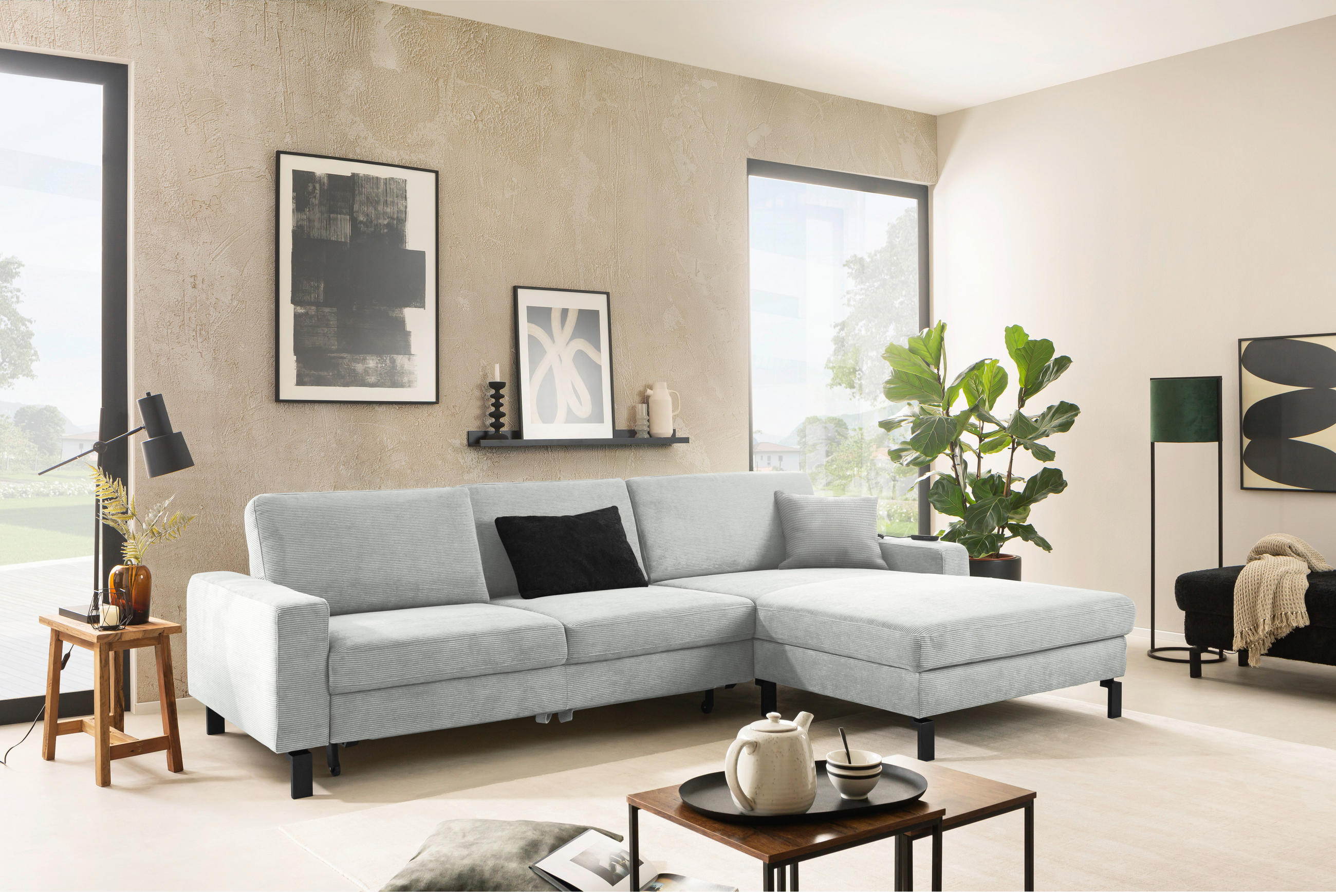 ECKSOFA inkl. Funktion Silberfarben Cord  - Silberfarben/Schwarz, Design, Textil/Metall (298/185-209cm) - Pure Home Lifestyle