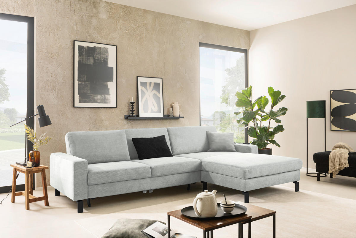 ECKSOFA in Cord Silberfarben  - Silberfarben/Schwarz, Design, Textil/Metall (298/185-209cm) - Pure Home Lifestyle