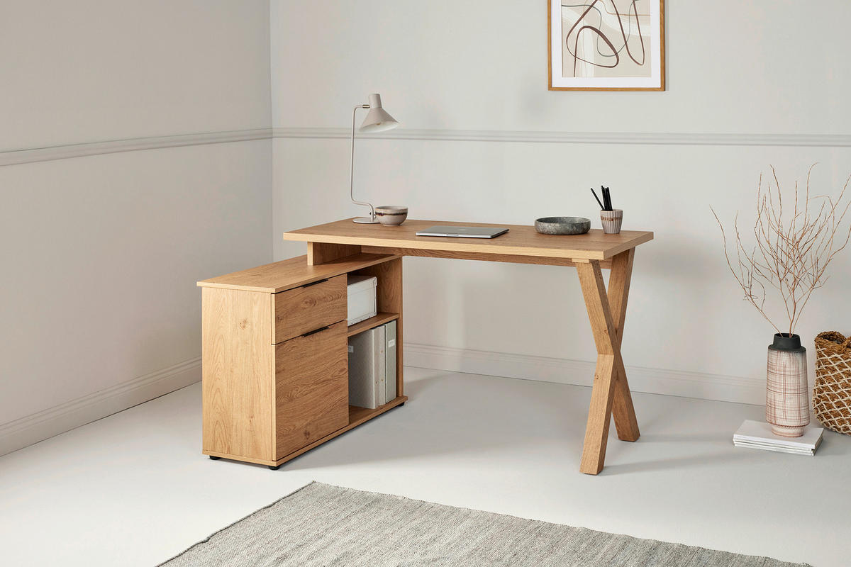 ECKSCHREIBTISCH 140/95/76 cm Eichefarben Kabeldurchlass, Stauraum, seitenverkehrt montierbar, in verschiedenen Holz-Dekoren erhältlich  - Eichefarben/Schwarz, MODERN, Holzwerkstoff/Metall (140/95/76cm) - MID.YOU