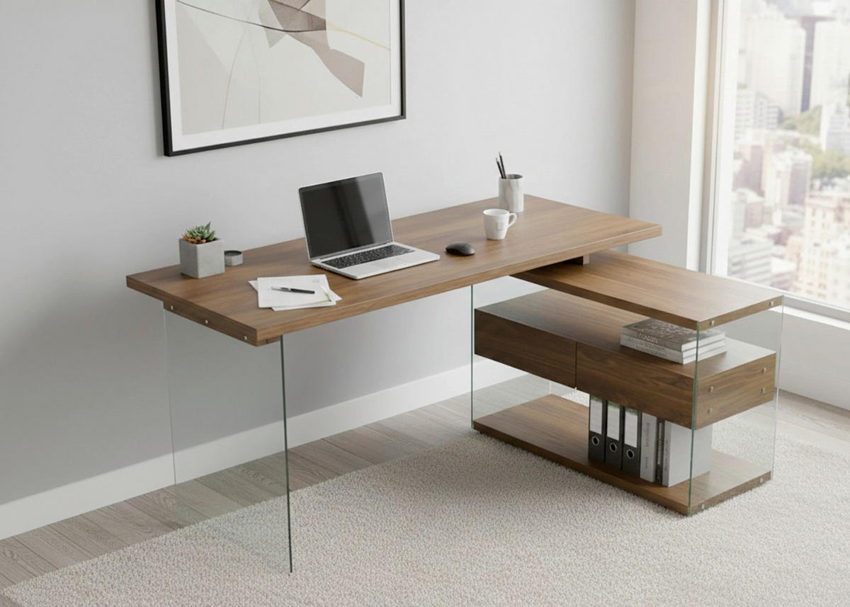 ECKSCHREIBTISCH 145/100/76 cm Walnussfarben Stauraum, seitenverkehrt montierbar  - Eichefarben/Walnussfarben, Design, Glas/Holzwerkstoff (145/100/76cm) - MID.YOU