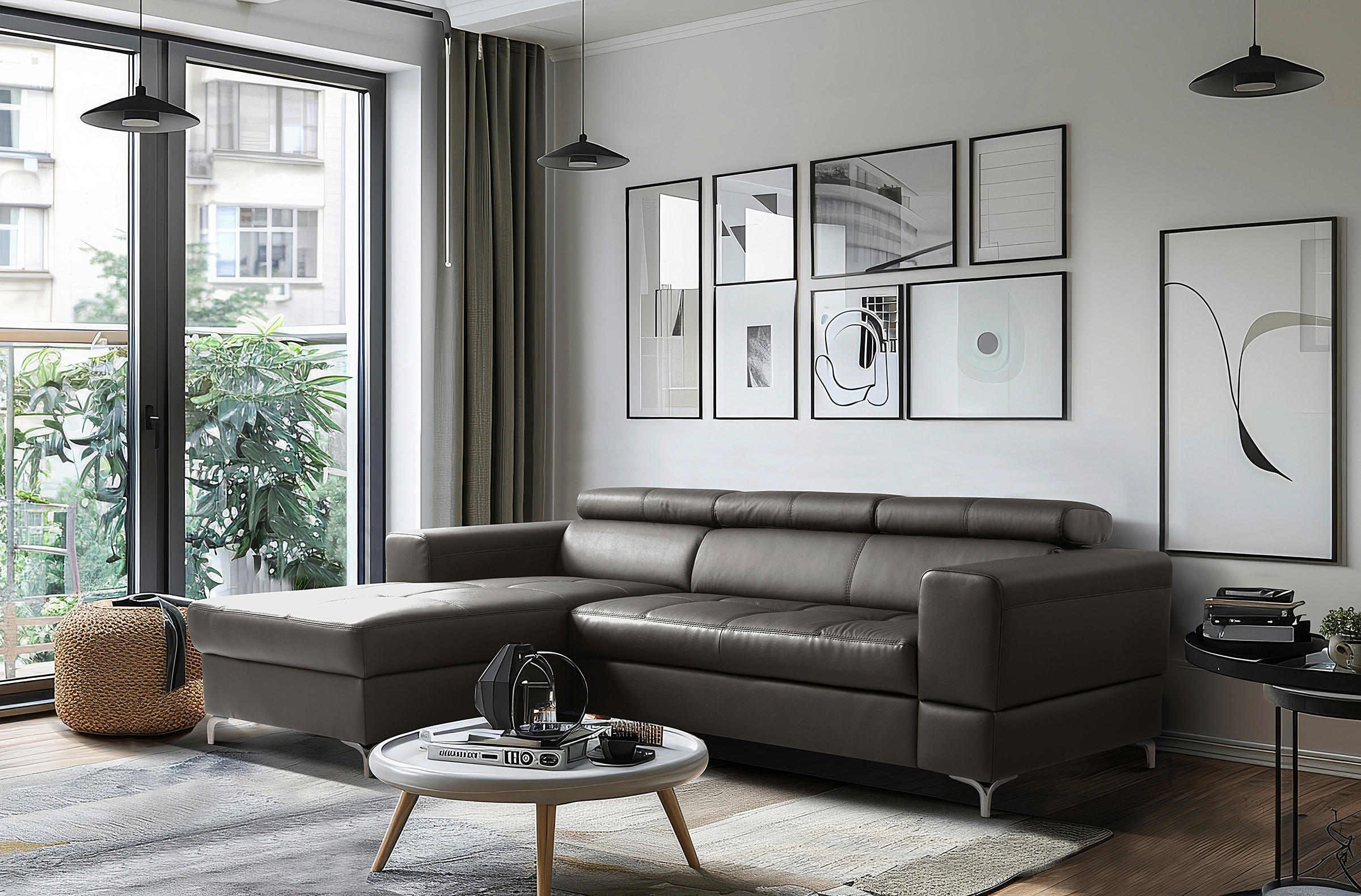 ECKSOFA Dunkelbraun Echtleder Lederlook Bettkasten, Schlaffunktion, Rücken echt, Kopfteilverstellung  - Dunkelbraun/Schwarz, Design, Leder/Textil (173/247cm) - Livetastic