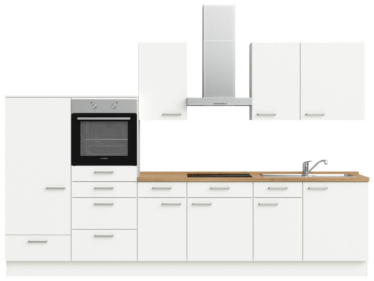 KÜCHENBLOCK 330 cm   in Weiß, Eichefarben  - Edelstahlfarben/Eichefarben, MODERN, Holzwerkstoff/Metall (330cm) - Nobilia