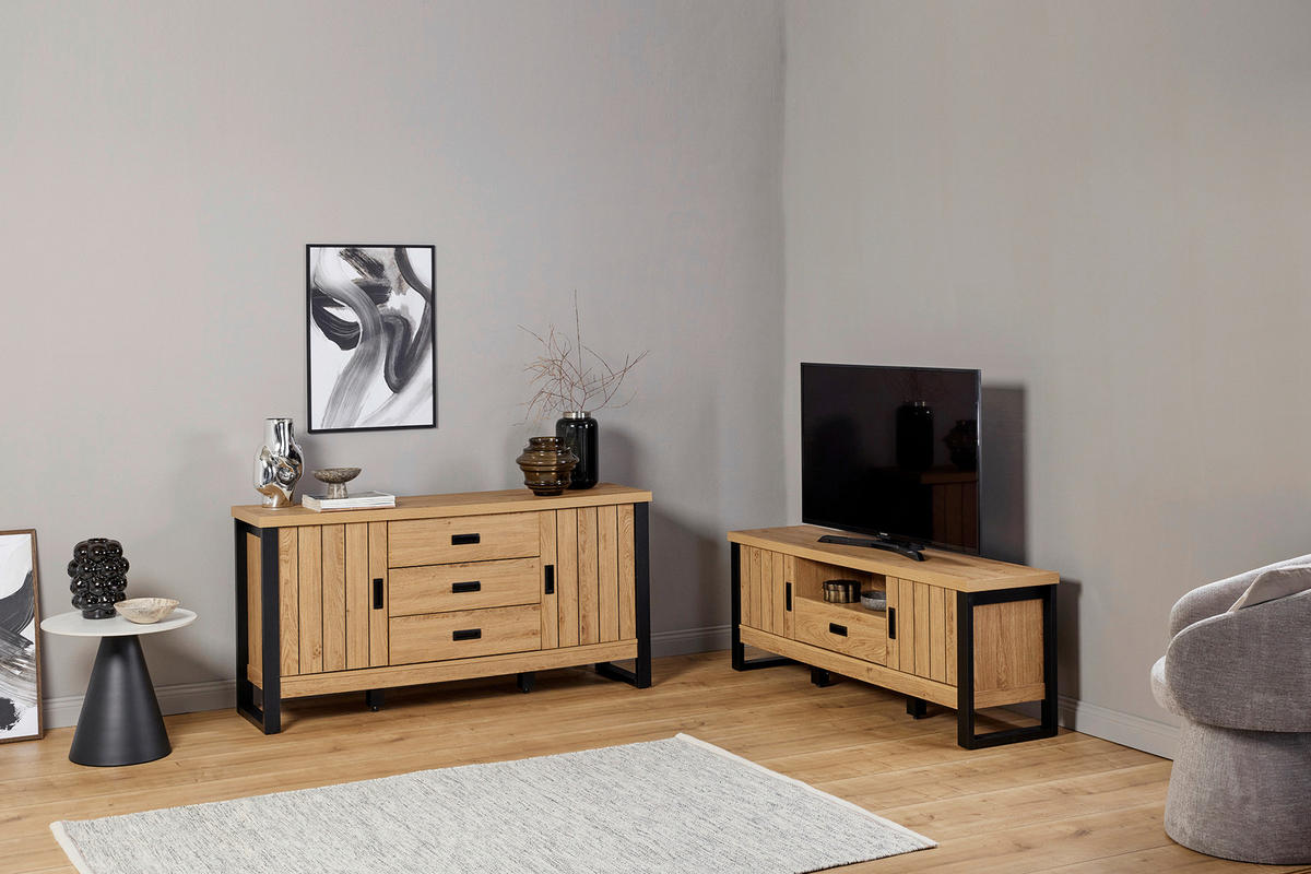 TV-ELEMENT Holzwerkstoff Schwarz, Eichefarben  - Eichefarben/Schwarz, KONVENTIONELL, Holzwerkstoff/Metall (153,4/55/39cm) - MID.YOU