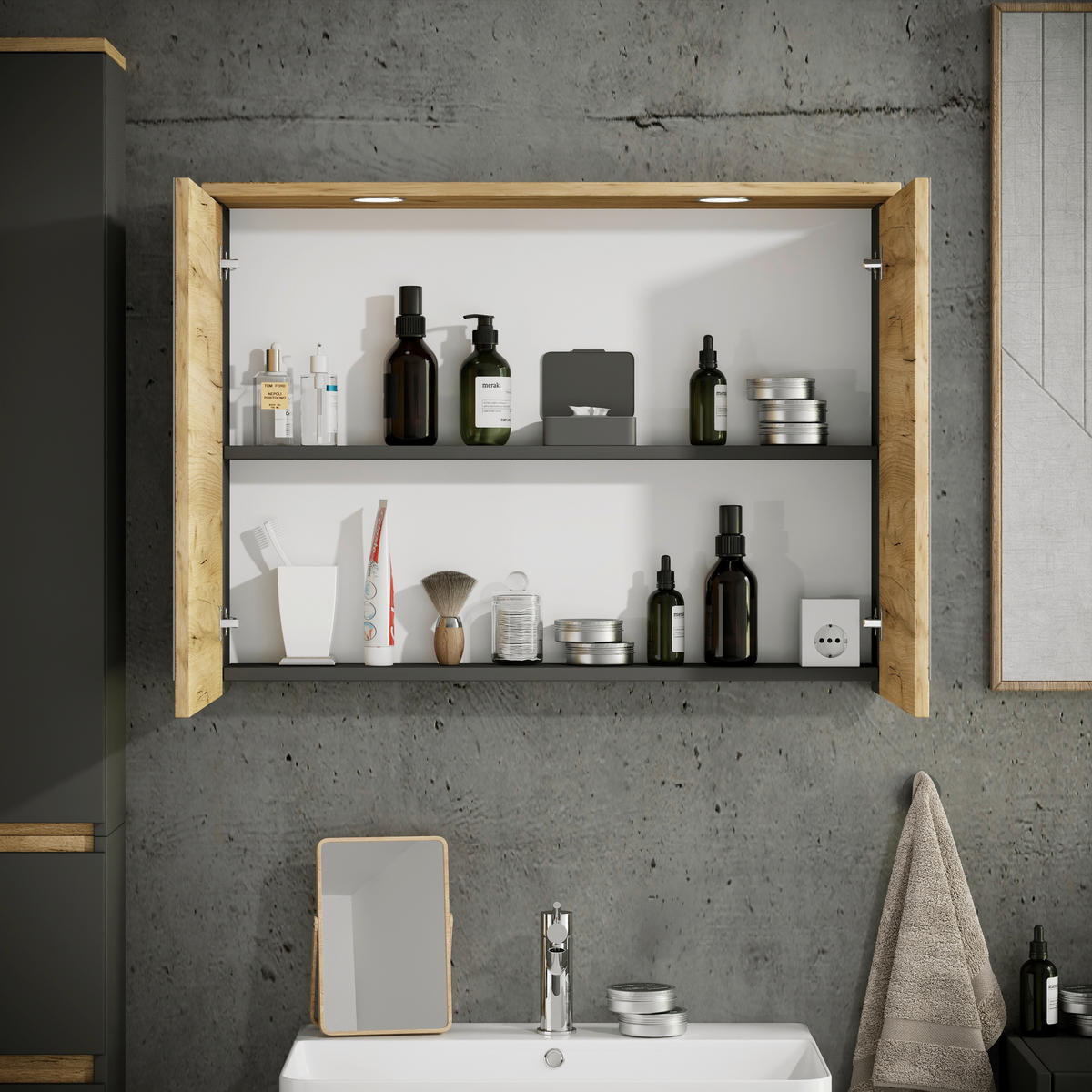SPIEGELSCHRANK 80/59/23 cm  - Honigeiche/Anthrazit, Trend, Glas/Holzwerkstoff (80/59/23cm) - MID.YOU