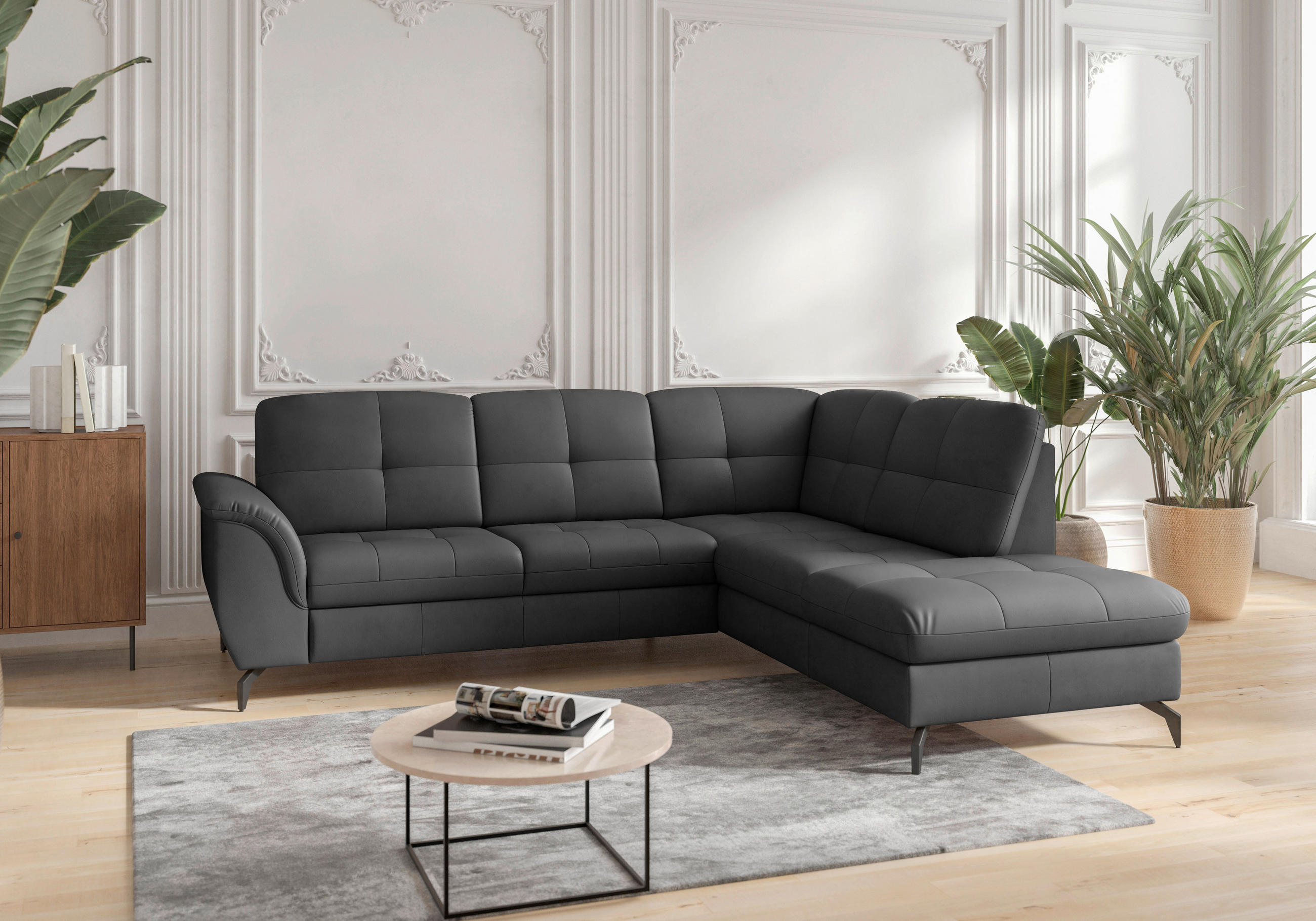 ECKSOFA in Vliesstoff Kombination Echtleder/Stoff Schwarz  244/212 cm  - Schwarz, MODERN, Leder/Textil (244/212cm) - Sit & More