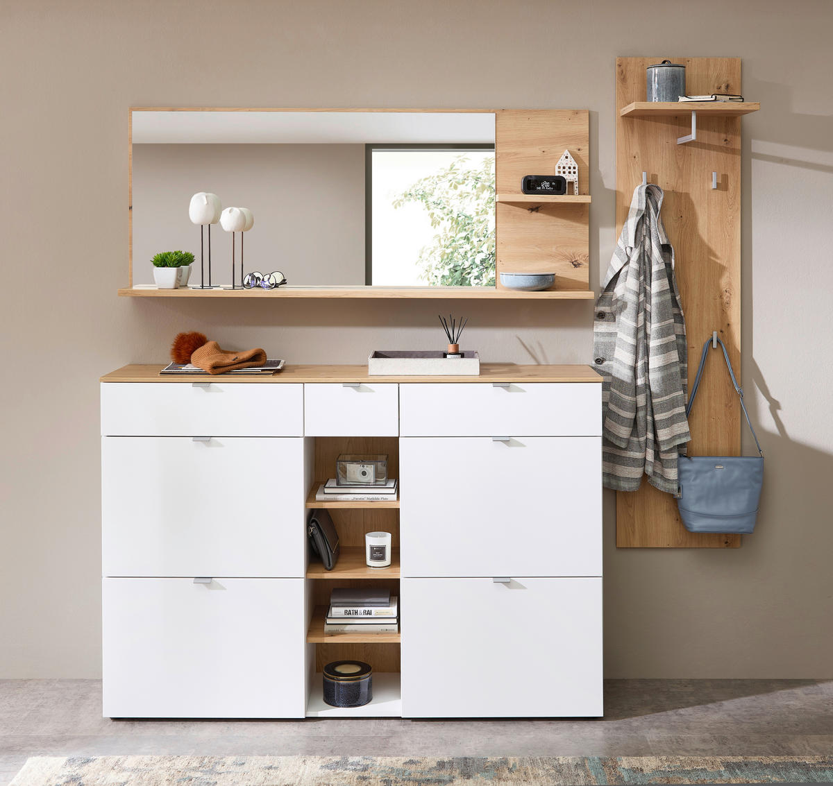 PŘEDSÍŇOVÁ STĚNA, bílá, dub artisan, 208/202/38 cm - bílá/dub artisan, Design, kompozitní dřevo/sklo (208/202/38cm) - Xora