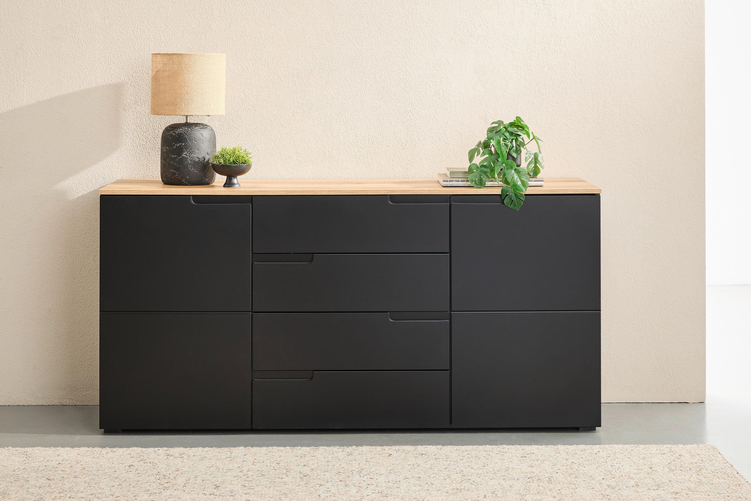 Comodă Cu Uși 165/80/40 cm  - culoare lemn stejar/negru, Design, material pe bază de lemn (165/80/40cm) - MID.YOU