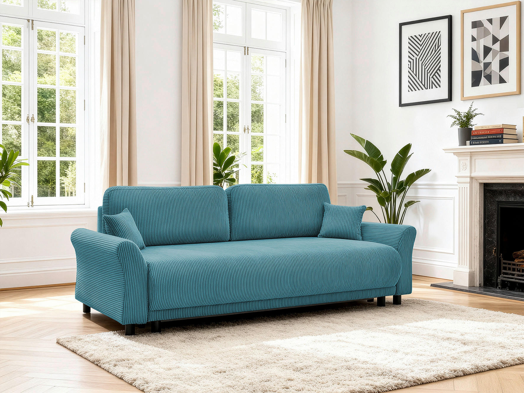 SCHLAFSOFA Malta Cord Hellblau  inkl. Zierkissen, Rückenkissen, Bettkasten, Schlaffunktion, Rücken echt  - Schwarz/Hellblau, Design, Textil (244/88/100cm) - P & B