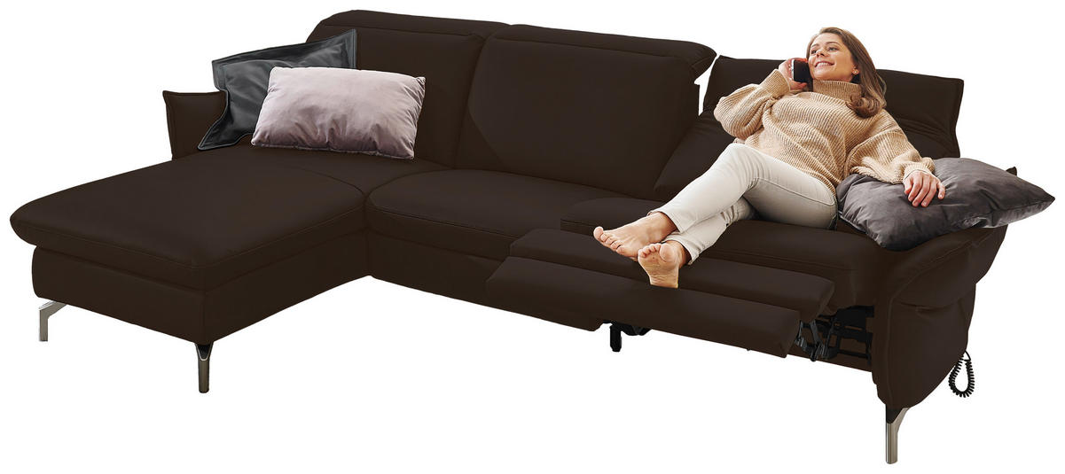 ECKSOFA in Lederlook (vegan) Dunkelbraun  - Dunkelbraun/Nickelfarben, Modern, Textil/Metall (179/233cm) - Livetastic