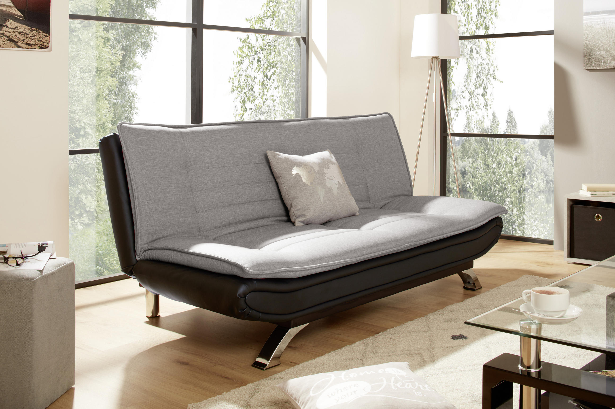 SCHLAFSOFA in Lederlook, Webstoff Grau, Schwarz, Edelstahlfarben  - Edelstahlfarben/Schwarz, Basics, Textil/Metall (190/90/102cm) - MID.YOU
