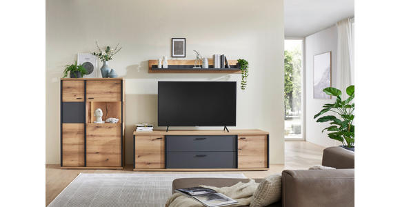 WOHNWAND  in Schwarz, Eichefarben, Dunkelgrau  312/179/50 cm  - Eichefarben/Dunkelgrau, KONVENTIONELL, Glas/Holzwerkstoff (312/179/50cm) - Xora