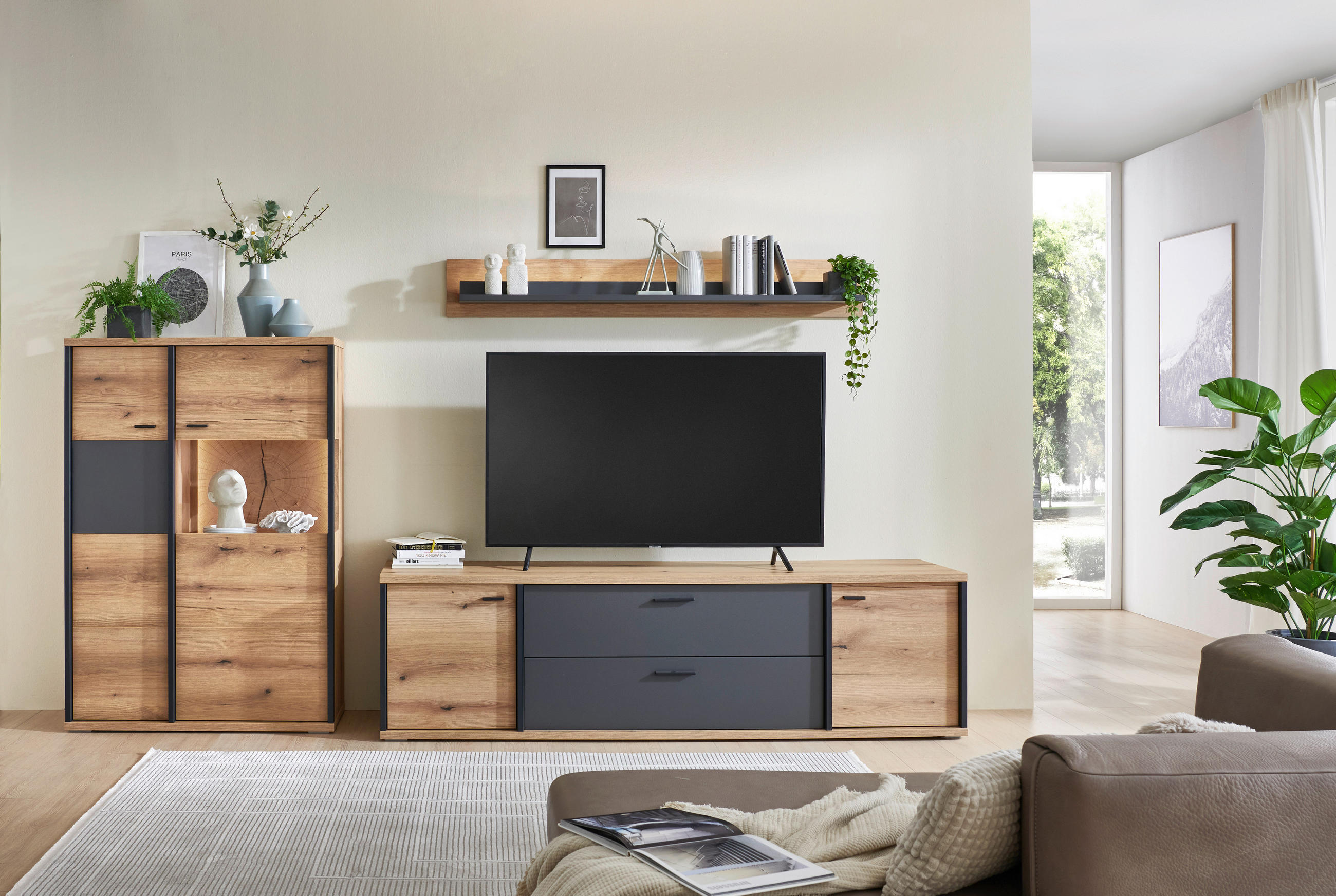 HIGHBOARD Schwarz, Eichefarben, Dunkelgrau  97/142/38 cm  - Eichefarben/Dunkelgrau, Konventionell, Glas/Holzwerkstoff (97/142/38cm) - Xora