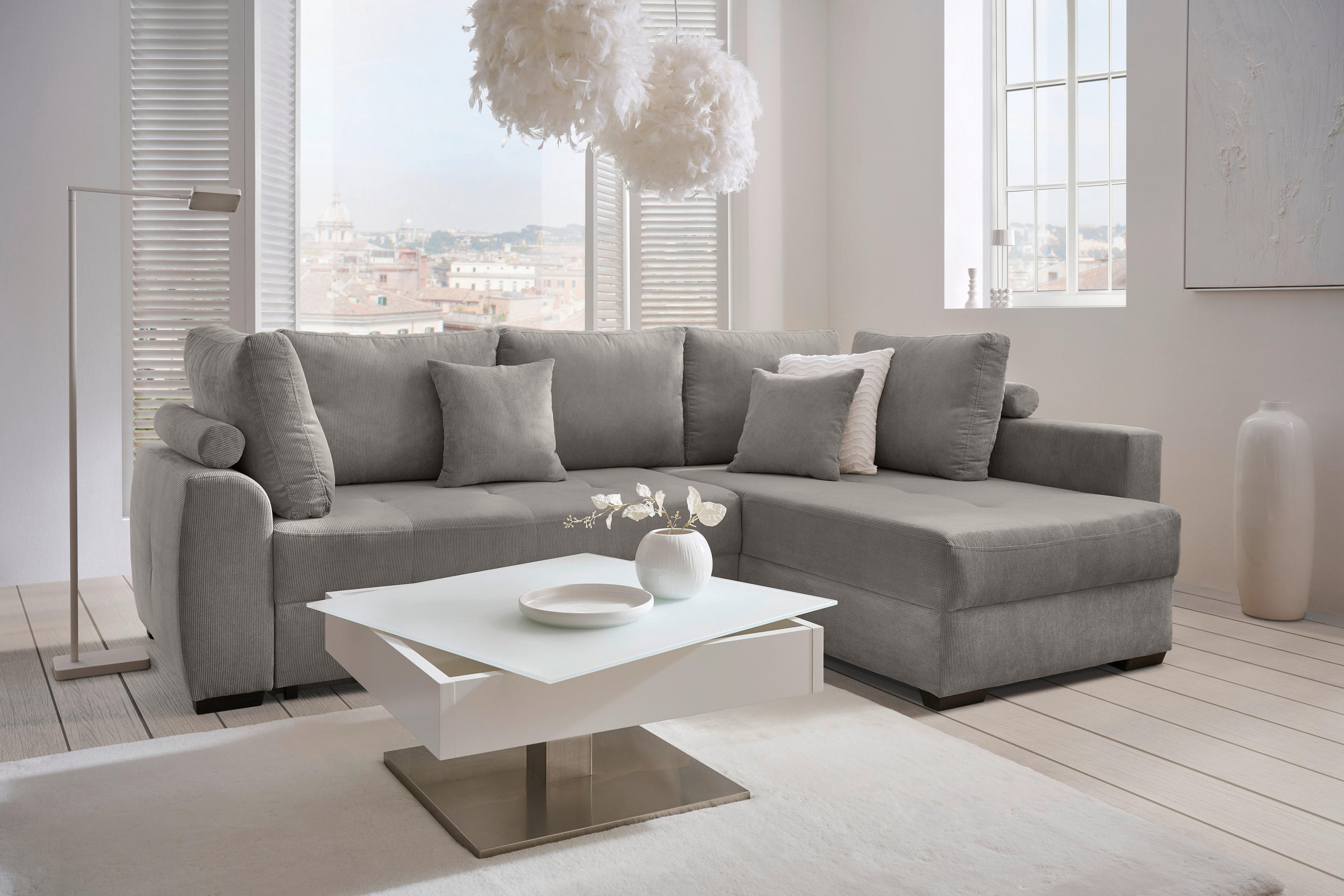 ECKSOFA inkl. Funktionen Hellgrau Cord  - Hellgrau/Schwarz, Design, Kunststoff/Textil (265/182cm) - Stylife