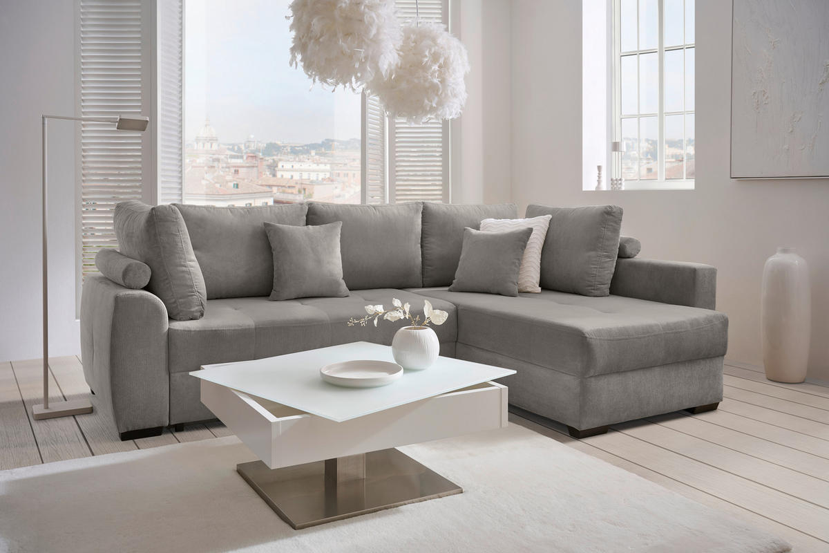 ECKSOFA inkl. Funktionen Hellgrau Cord  - Hellgrau/Schwarz, Design, Kunststoff/Textil (265/182cm) - Stylife