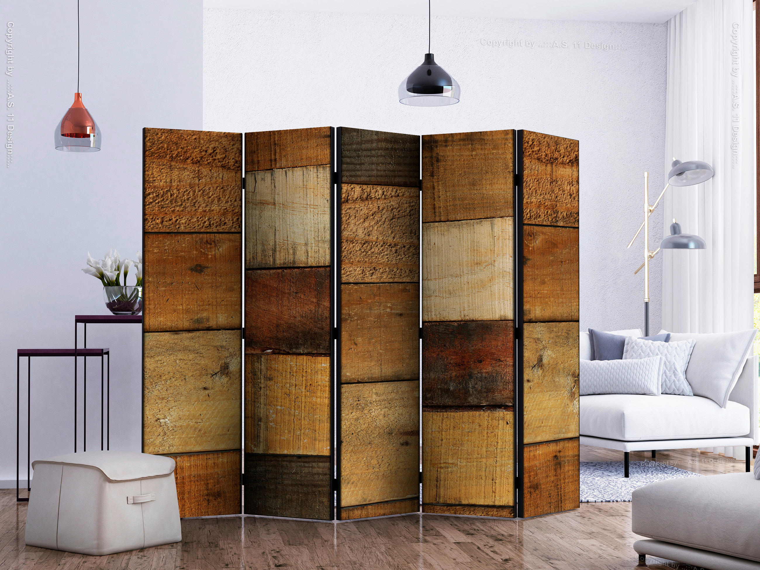 PARAVENT mit 5  Flügel - Cognac/Braun, Basics, Holz/Textil (225/172/3cm) - artgeist