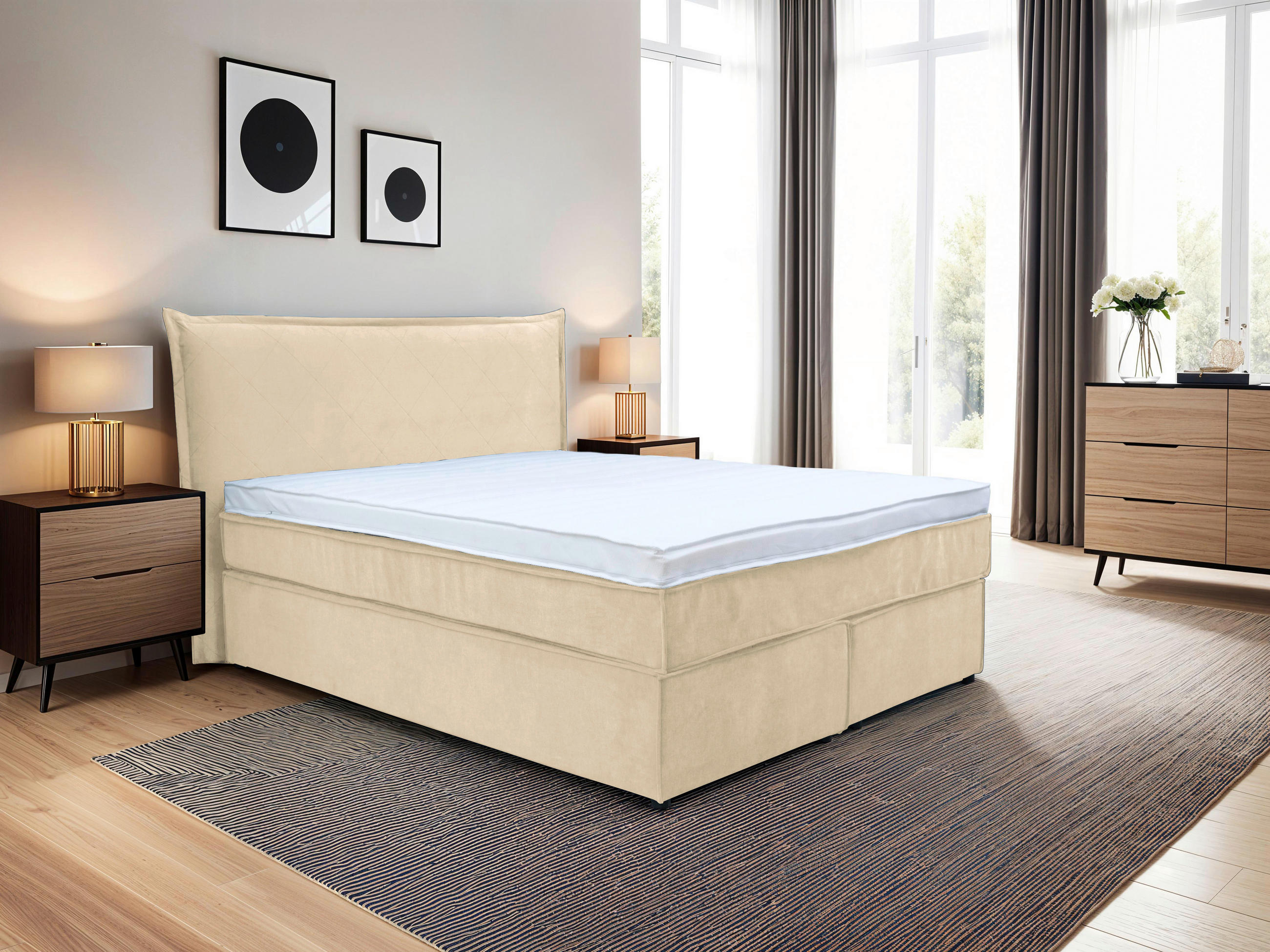 Thumbnail - Boxxx Boxspringbett, Creme, Textil, H3, 5-Zonen, Höhe ca. 20 cm, 140x200 cm, Fsc, gepolstertes Kopfteil, Topper durchgeh...