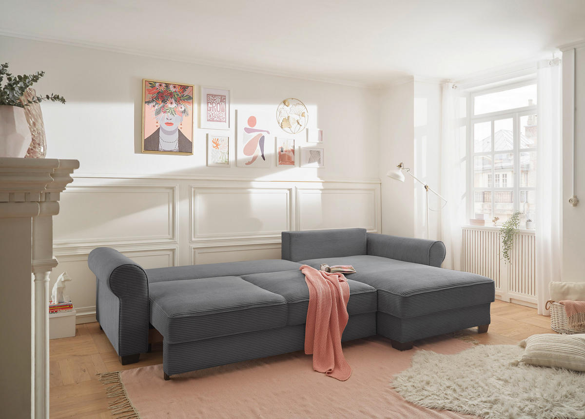 ECKSOFA in Cord Dunkelgrau  - Dunkelgrau/Schwarz, Konventionell, Kunststoff/Textil (318/197cm) - MID.YOU