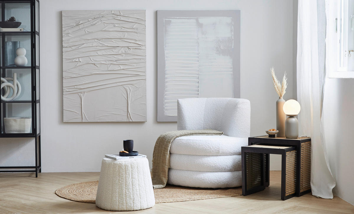 DESIGNSESSEL in Flachgewebe, Teddystoff Weiss  - Weiss/Edelstahlfarben, Trend, Textil/Metall (90/82/85cm) - Livetastic