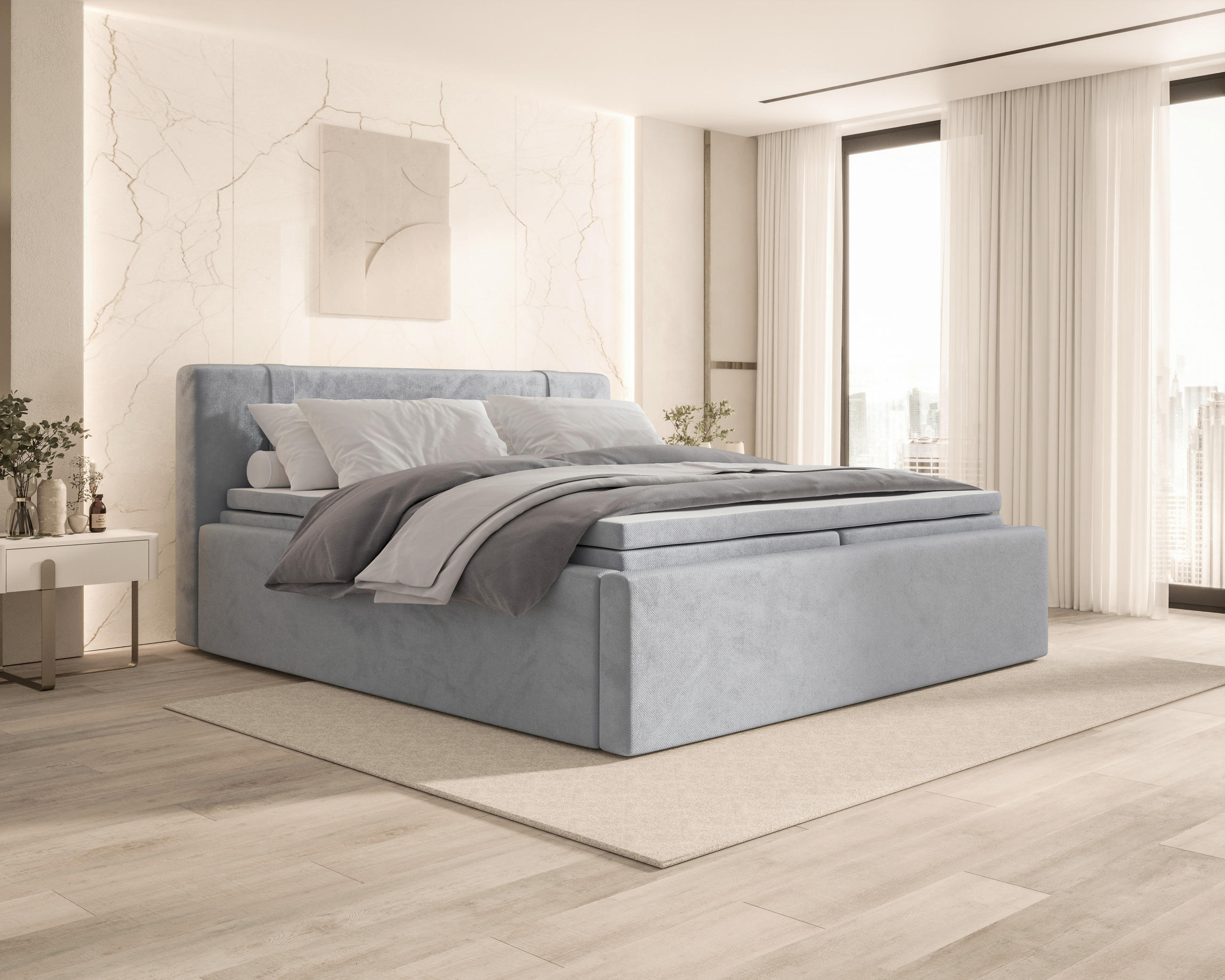 BOXBETT 200/200 cm,  in Grau, Bettkasten, Topper, H2 = mittel  - Grau, MODERN, Textil (200/200cm) - MID.YOU