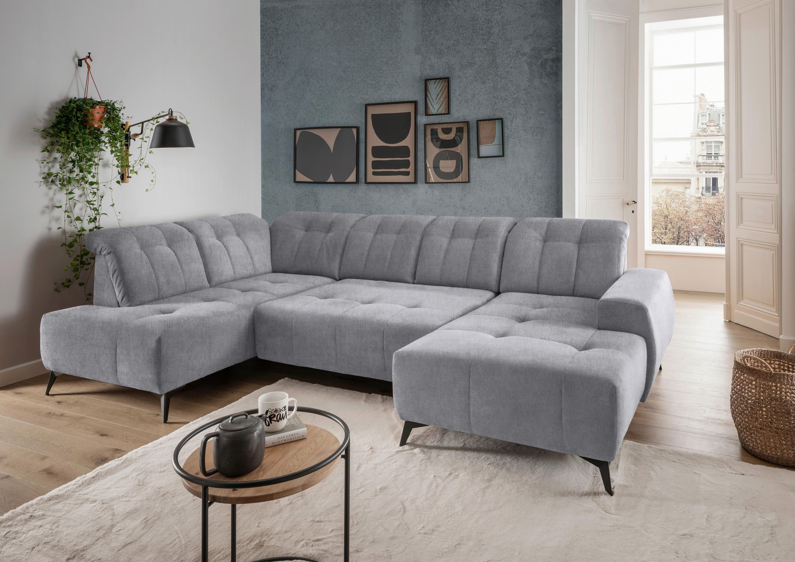 WOHNLANDSCHAFT Hellgrau Mikrofaser  - Hellgrau/Schwarz, MODERN, Textil/Metall (200/337/180cm) - Livetastic